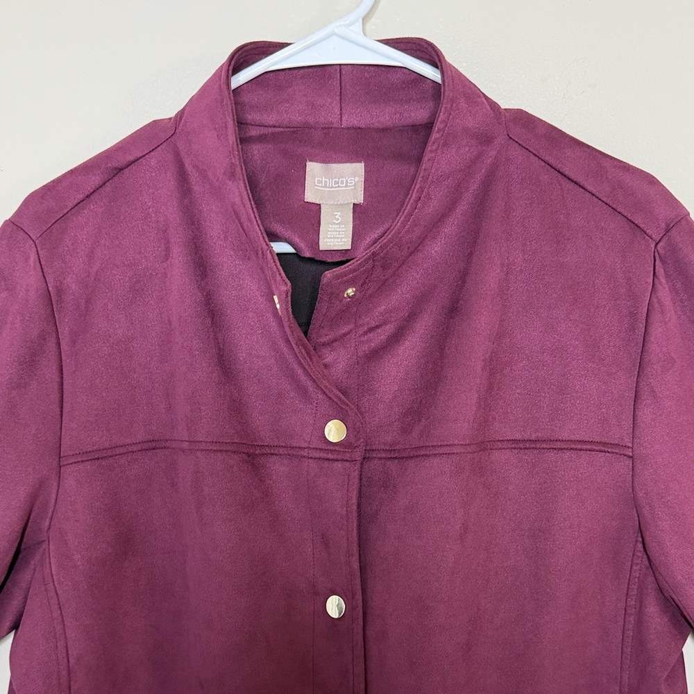 Chico’s Size 3 (XL/1X) Burgundy Moto Jacket Zip Pockets Stretch Blazer Plus - Picture 6 of 12